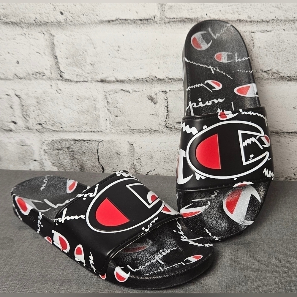 Champion Logo Slides Black Red Graphic Sandals Streetwear Size 8